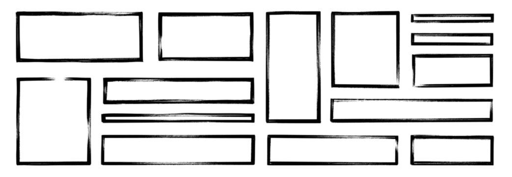 Frame brush rectangle set. Frame rectangle border brush stroke with chalk rough line and square shape. Hand drawn doodle pencil sketch outline on paper with vintage grunge texture. Vector illustration