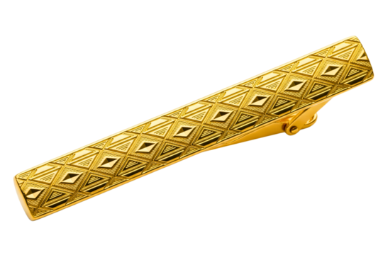 Gold metal tie clip with engraved geometric diamond pattern on a transparent background - Powered by Adobe
