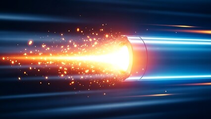 Bright orange light beam emitting from a cylindrical tube in a blue space