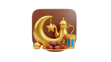 Ramadan Iftar Symbols: Golden Crescent, Dates, Coffee Pot, and Glass