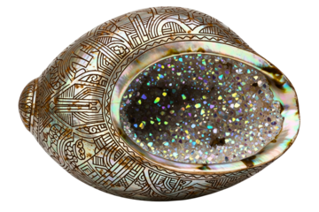 Carved cowrie shell with tribal patterns and sparkling druzy interior on a transparent background