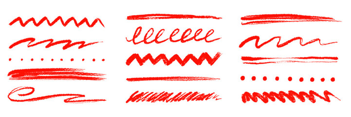 Red underline brush strokes and pencil marks emphasis element set. Textured chalk pencil marks, crayon scribbles, red color lines. Crayon texture brush stroke highlight shapes. Vector illustration