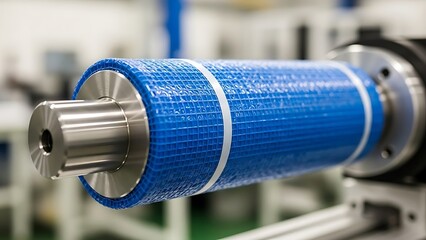 Closeup of a blue cylindrical with a metallic end in an industrial setting
