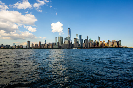 NYC, New York City Skyline with dramatic sky clouds. New York Skyscrapers. New York City skyline, cityscape of Manhattan in USA. Panoramic view on Manhattan. New York skyline. NYC, NY city.