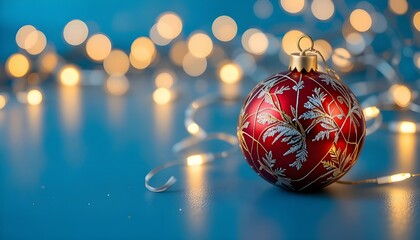 Festive Christmas ornament adorned with glowing string lights against a soft blue holiday background winter