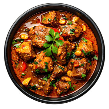 Maafe, a rich and creamy west african peanut stew with meat and vegetables, isolated on a white background
