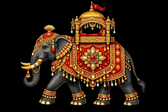 Royal Indian elephant illustration with crimson red and gold ornaments isolated on black background