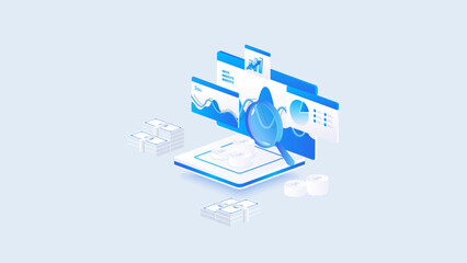 Stock market isometric of financial dashboard data analysis with line charts, money, and financial metrics in blue digital style.