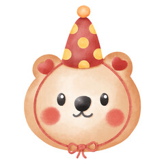 Cute Watercolor Teddy Bear Head with Party Hat Illustration. Baby Animal Character for Birthday Celebration and Kids' Design.