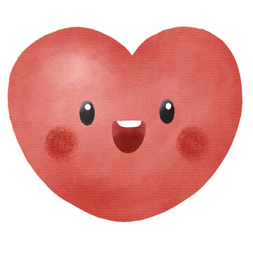 Cute Watercolor Red Smiling Heart Illustration. Adorable Love and Romantic Element for Valentine's Day and Kids' Design.