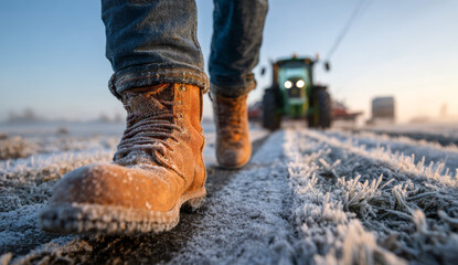 Farmer's rugged leather boots walking on frosted ground during winter with a tractor in the background