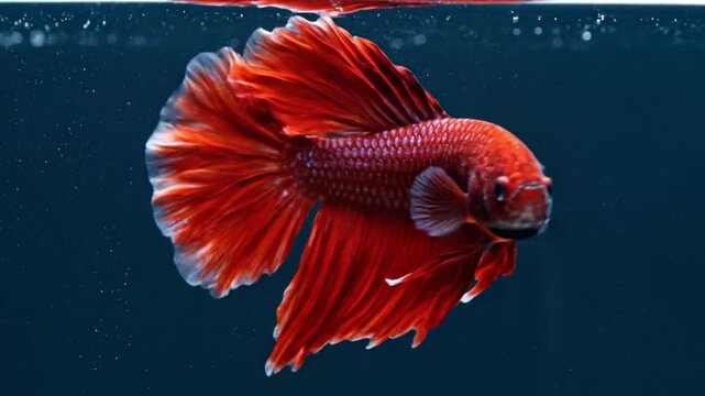 Vibrant red Betta fish swimming gracefully in dark blue water