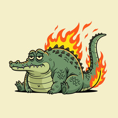 Obraz premium Cute cartoon crocodile with green body and flaming tail sitting happily, fantasy monster character illustration, playful style for kids design, stickers, games, and branding.