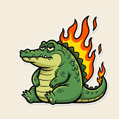 Obraz premium Cute cartoon crocodile with green body and flaming tail sitting happily, fantasy monster character illustration, playful style for kids design, stickers, games, and branding.