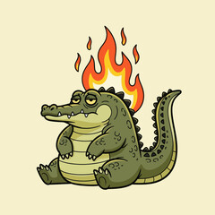 Obraz premium Cute cartoon crocodile with green body and flaming tail sitting happily, fantasy monster character illustration, playful style for kids design, stickers, games, and branding.