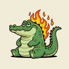 Fototapeta premium Cute cartoon crocodile with green body and flaming tail sitting happily, fantasy monster character illustration, playful style for kids design, stickers, games, and branding.