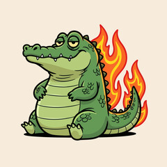 Fototapeta premium Cute cartoon crocodile with green body and flaming tail sitting happily, fantasy monster character illustration, playful style for kids design, stickers, games, and branding.