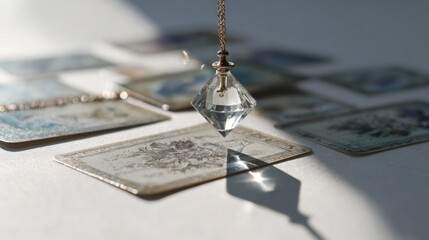 Crystal pendulum swinging over vintage tarot cards in sunlight for divination and spiritual guidance