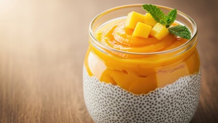 Vibrant tropical mango chia pudding dessert, a healthy layered treat with fresh mint and fruit