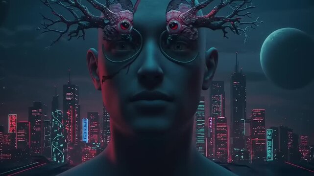 Surreal Sci-Fi Alien Cyborg Overlooking Futuristic Cityscape at Night time in Dream