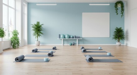 A bright, modern yoga studio with light blue and white walls.  Yoga mats are neatly arranged