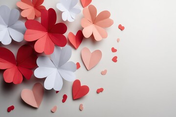 Colorful paper flowers and hearts arranged artistically on a light background, creating a festive atmosphere for celebrations, events, or romantic occasions with copy space