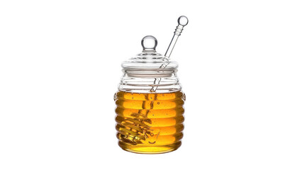 A glass honey jar with a dipper and honeycomb inside on transparent background