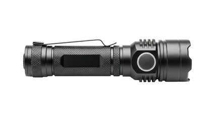 Black tactical flashlight with textured grip and silver accents isolated on transparent background