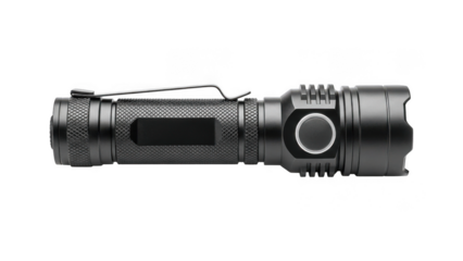 Black tactical flashlight with textured grip and silver accents isolated on transparent background