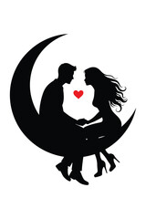 Romantic Couple Silhouette Sitting on Crescent Moon with Heart on White Background
