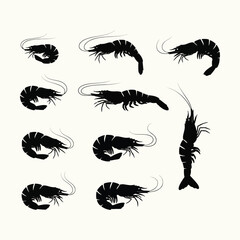 Flat Minimalist Shrimp and Prawn Silhouette Icon Set