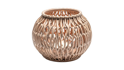 Brown and white woven basket with intricate design isolated on transparent background