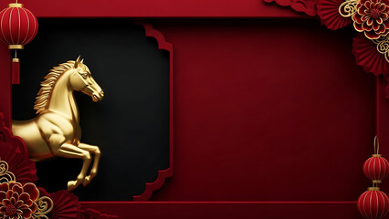 Dark Red and Black Chinese New Year Golden Horse Background