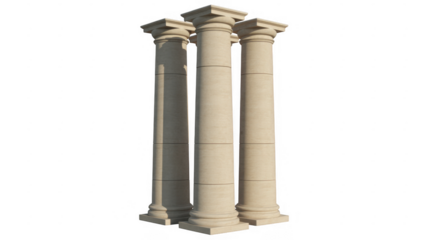 Three white stone columns with horizontal lines isolated on a transparent background
