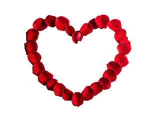 Red rose petals forming a heart shape on a flat surface,white background