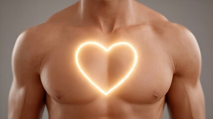 Digital illustration of a muscular male torso with a glowing heart symbol. Ideal for health blogs, fitness websites, and articles on cardiovascular wellness, passion, or sports performance.