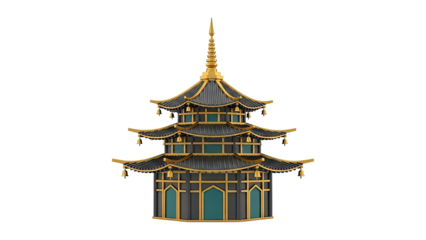Ornate Multi-Tiered Pagoda with Bells and Gold Trim