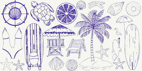 A collection of hand drawn beach themed items in a blue sketch style © Tusar