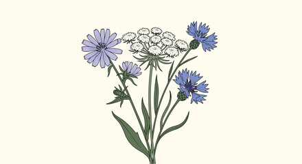 Fototapeta premium Delicate botanical illustration of wildflowers including cornflowers and white umbellifers on a pale cream-colored vintage background.