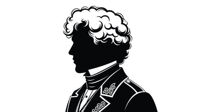 Elegant vintage style illustration of a man in 19th century formal attire with intricate embroidery and curly hair Silhouette vector on whit Background