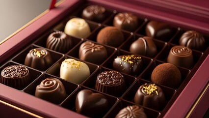 A variety of luxurious heart-shaped chocolates in a gift box, featuring dark and milk chocolate textures with gold flake decorations.