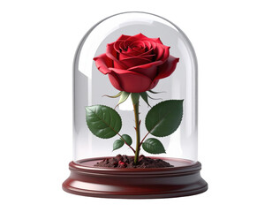 Rose Collection,Preserved red rose inside a clear glass dome 3D render,white background.