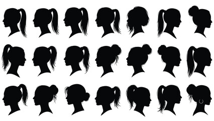 Collection of diverse female profiles with various hairstyles and accessories in black white with woman profile Silhouette vector on whit Background