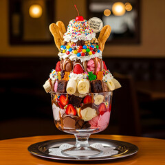 Overloaded sundae dessert with ice cream strawberries and toppings in a tall glass