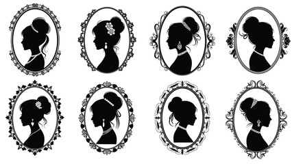 Elegant vintage portraits of women with various hairstyles and accessories in ornate oval frames with feminine Silhouette vector on whit Background