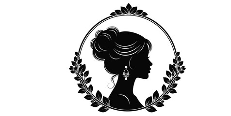 Elegant of a woman with intricate hairstyle and jewelry surrounded by a decorative floral wreath graphic illustration Silhouette vector on whit Background © Shela