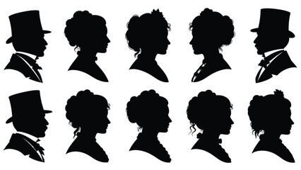 Elegant victorian style illustration of men and women with classic hairstyles and formal attire in profile view white Silhouette vector on whit Background © Shela