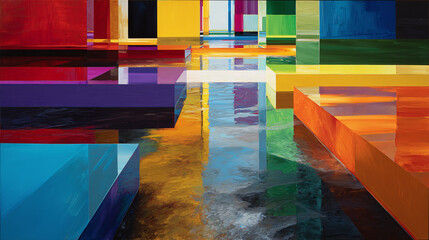 Vibrant geometric painting with a diverse spectrum of colours, creating a visually striking abstract art piece. It plays with shapes, lines, and hues to form a modern composition