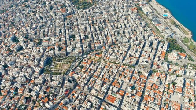 Patras, Greece. Central part of the city in summer. Sunny day. Drone footage