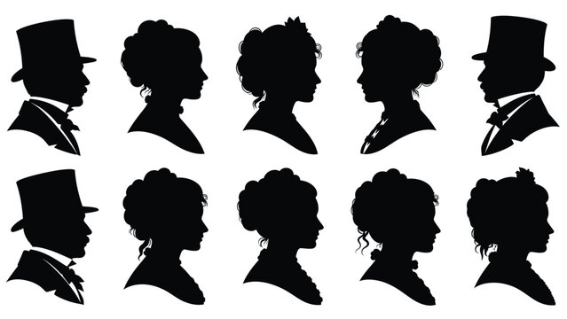 Elegant victorian style illustration of men and women with classic hairstyles and formal attire in profile view white Silhouette vector on whit Background